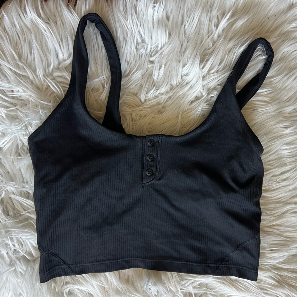 Lululemon Ribbed Longline Sports Bra Black Button Detail Yoga Athleisure Size S